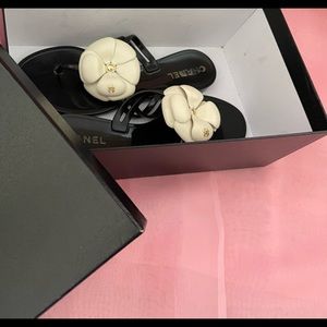 Chanel Black Camellia Slide Sandals w box
